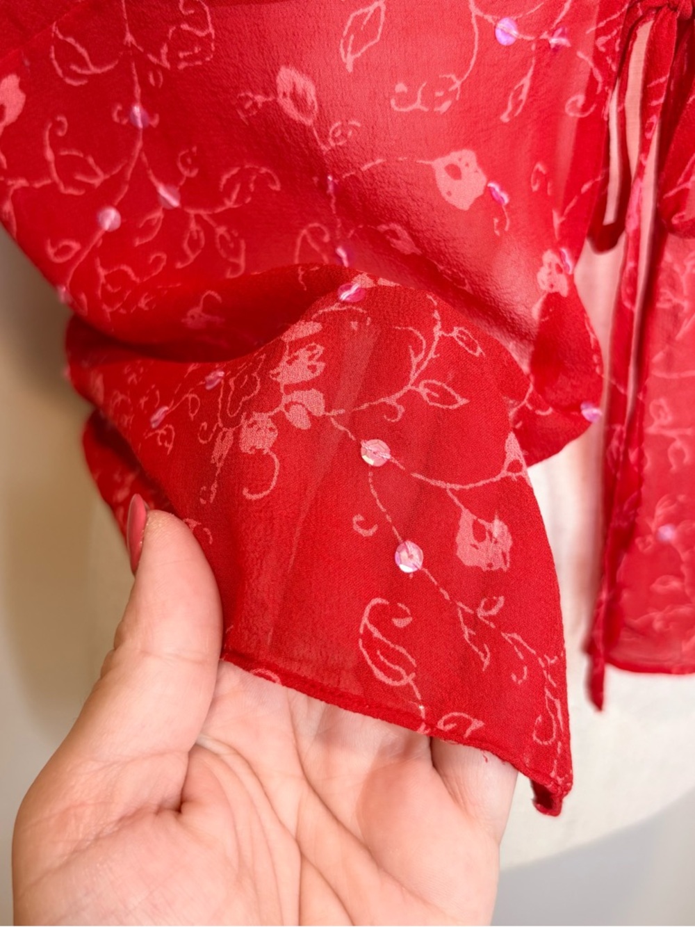 Vintage 90’s Y2K Ann Taylor Silk Tie Front Top Sequins Sheer Red - Picture 4 of 7